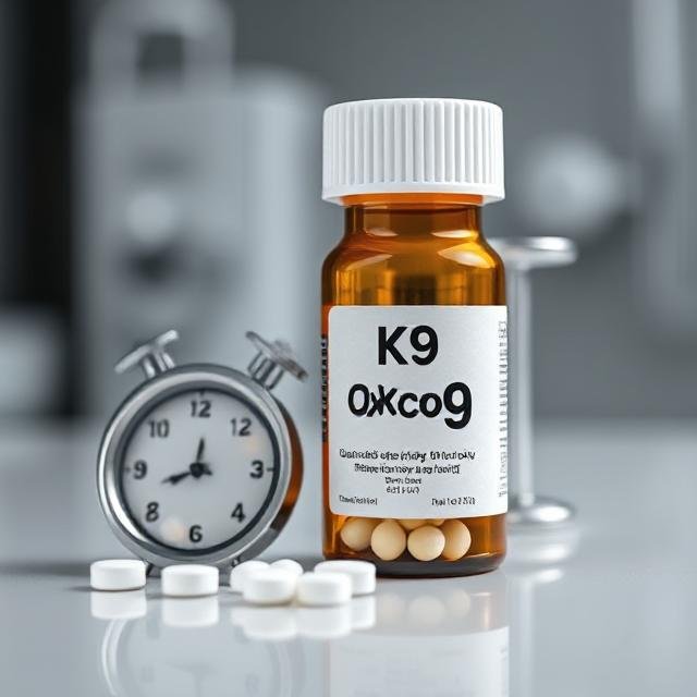 K9 Oxycodone pill bottle with a clock/hourglass symbolizing drug duration, soft lighting, clean background.
